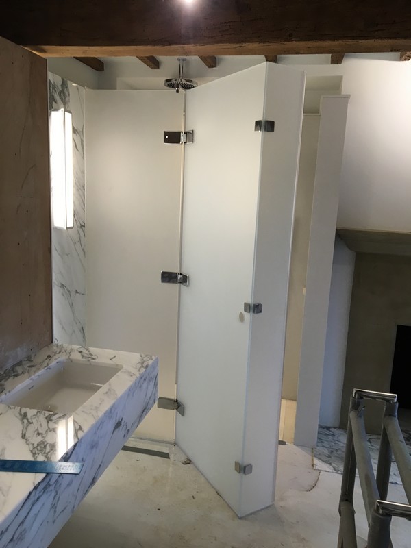 Bespoke frosted glass shower enclosure in Croydon luxury bathroom